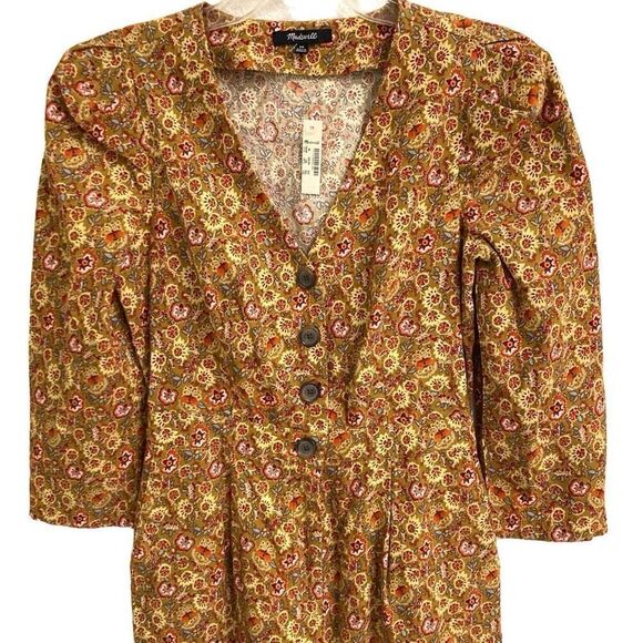 Madewell Corduroy Puff Sleeve Jumpsuit Women’s 00 in Mumbai Floral Moss NEW - Picture 4 of 13